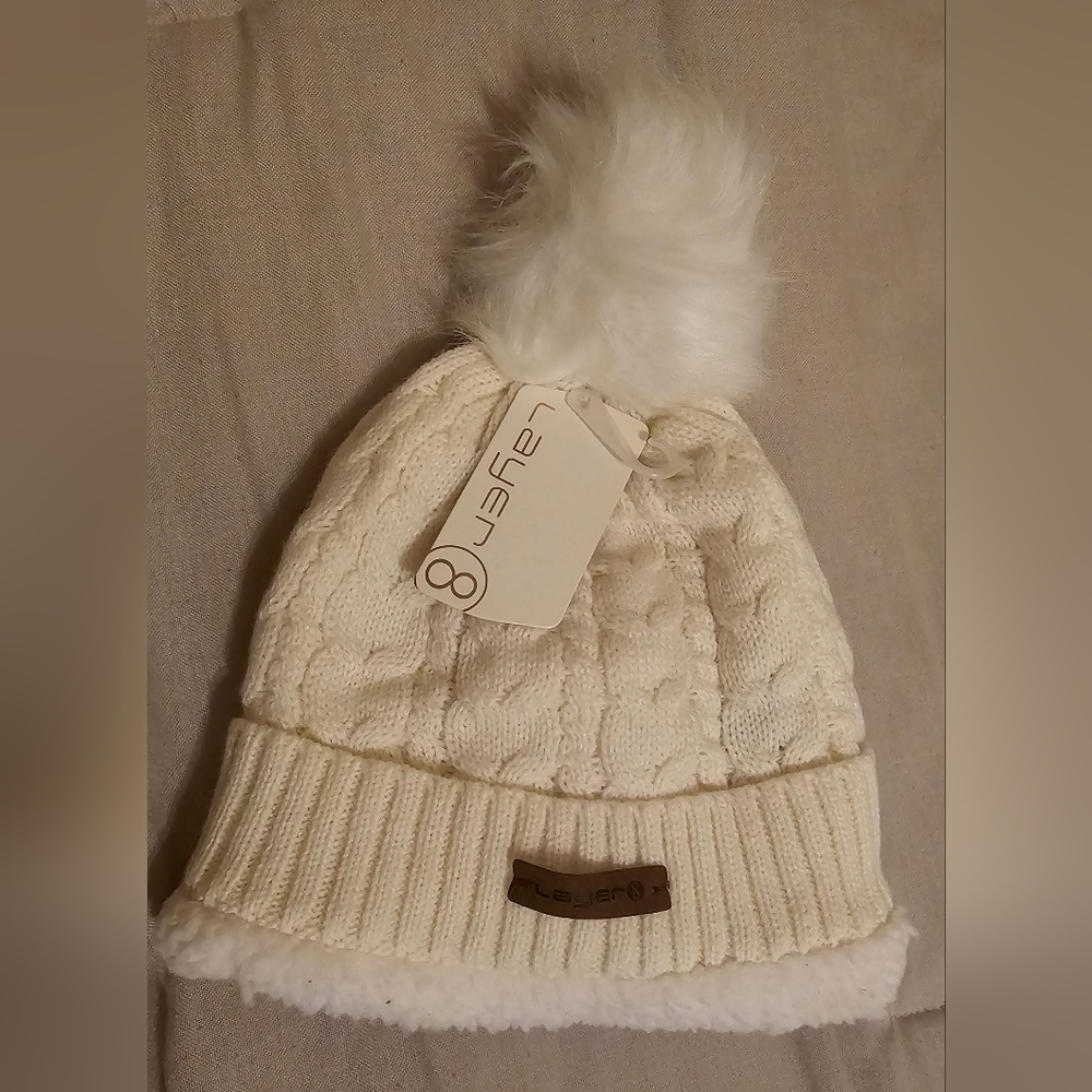 Layer 8 Cream Cable Knit Pom Pom Beanie Adult One Size Fits All NWT
